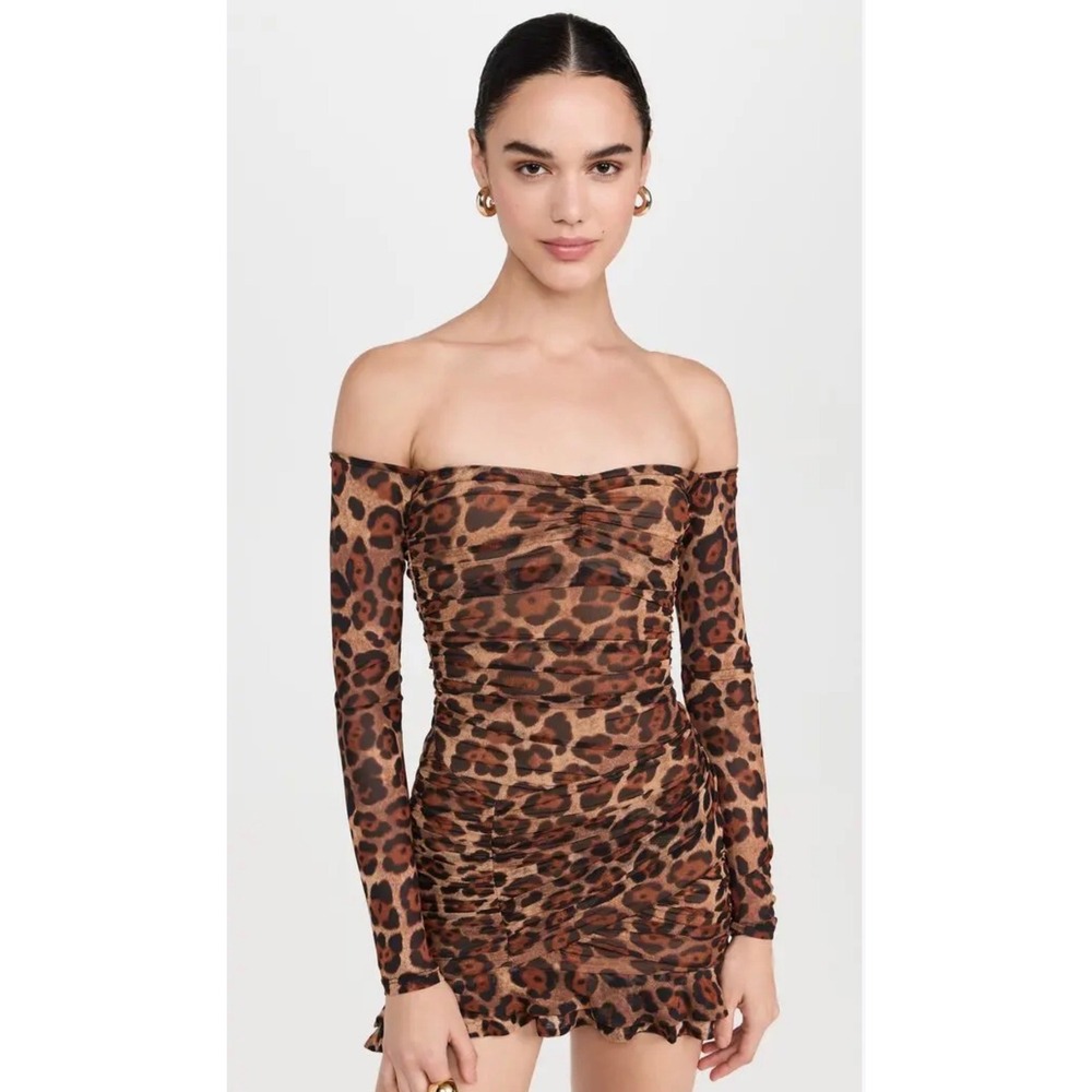 AFRM Leopard Print Mesh Ruched Off The Shoulder Mini Dress Brown Small